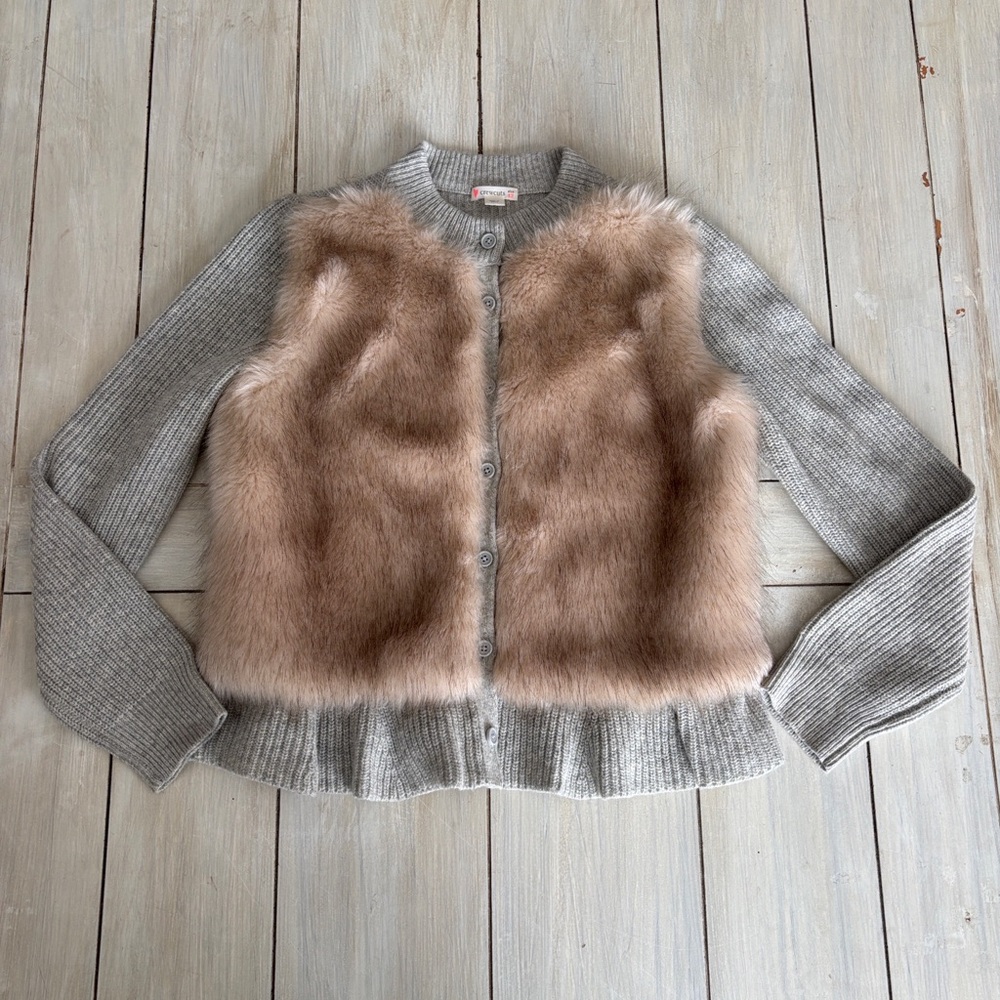 Crewcuts J Crew Tan Gray Faux Fur Cardigan Sweater Girls Size 12